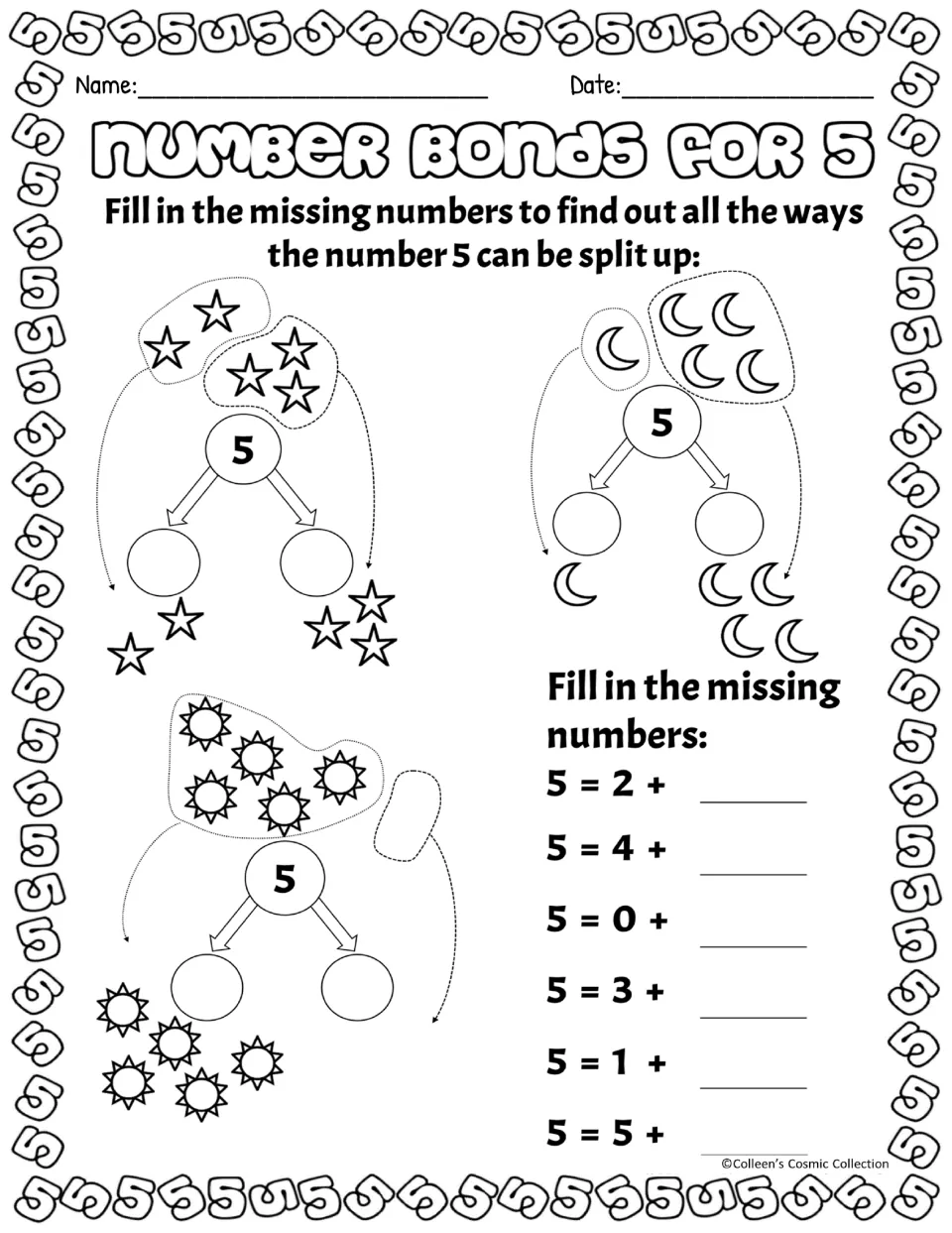 Black-and-white number bonds for 5: count stars, moons and suns to split 5, then find the missing addend in 6 sums