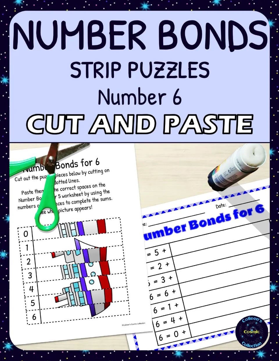 Cover for the number bonds for 6 strip puzzle, showing cut-and-paste ship pieces and the matching worksheet