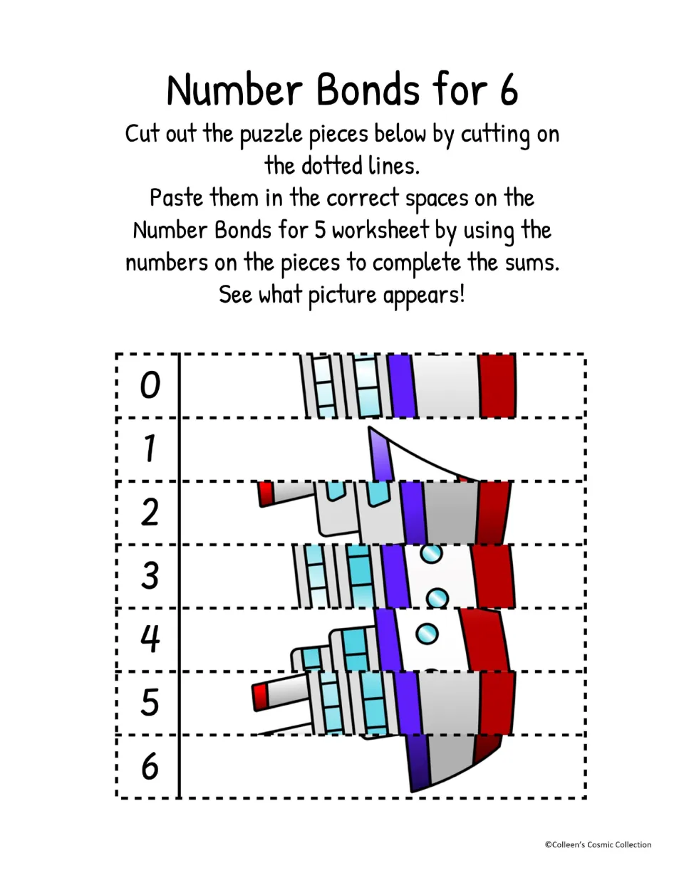 Color cut-out sheet for the number 6 puzzle has seven ship strips labeled 0–6 to match to addition sums