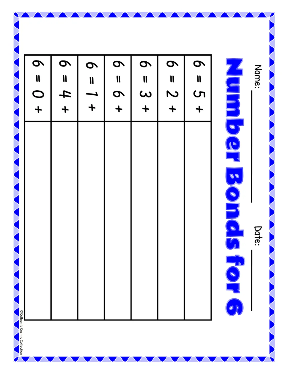 Color number bonds for 6 worksheet has seven missing-addend sums starting with 5, 2, 3, 6, 1, 4, and 0