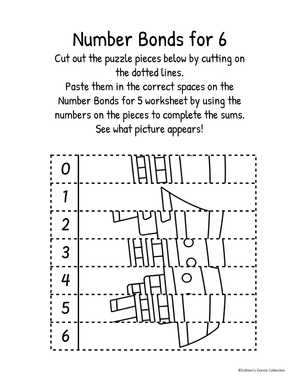 Black-and-white cut-out sheet for the number 6 puzzle has seven ship strips numbered 0–6 for matching sums