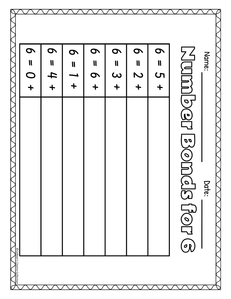 Black-and-white number bonds for 6 worksheet has seven missing-addend sums for pasting matching ship strips