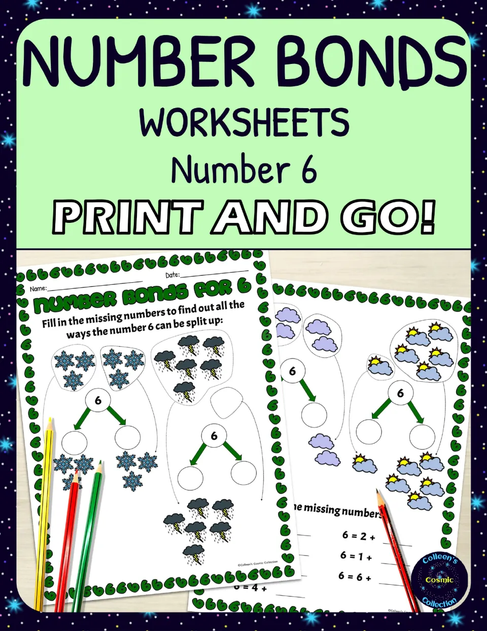Number Bonds Worksheets, Number 6 cover showing sample pages where students split snowflakes and clouds into two parts