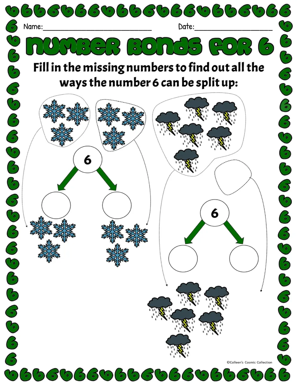 Number bonds for 6: students count snowflakes and storm clouds to fill in two bonds, decomposing 6 into two parts