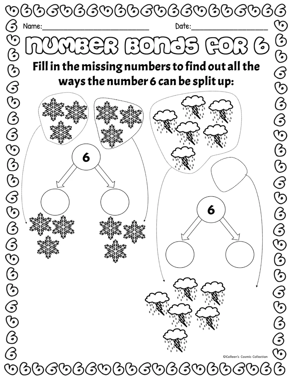 Black and white version: students count snowflakes and storm clouds to fill in two number bonds showing ways to split 6