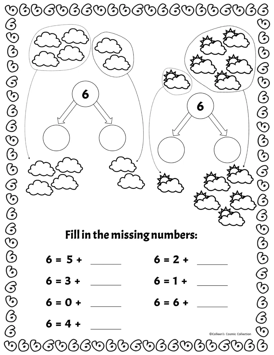 Black and white decomposing 6 practice: count clouds for two picture bonds, then write the missing addend in 7 sums