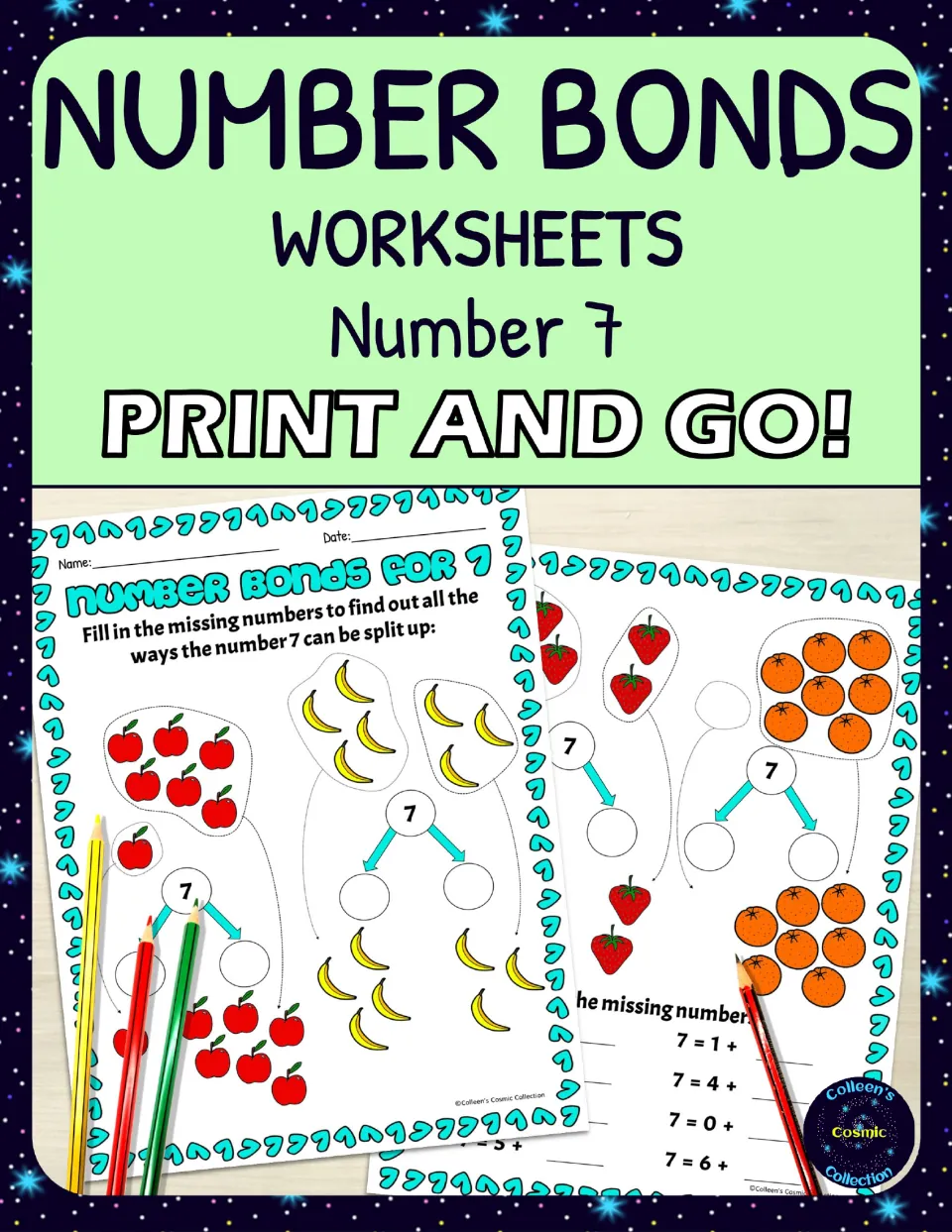 Number bonds cover for the number 7: print-and-go sheets with apple, banana, strawberry and orange counting bonds