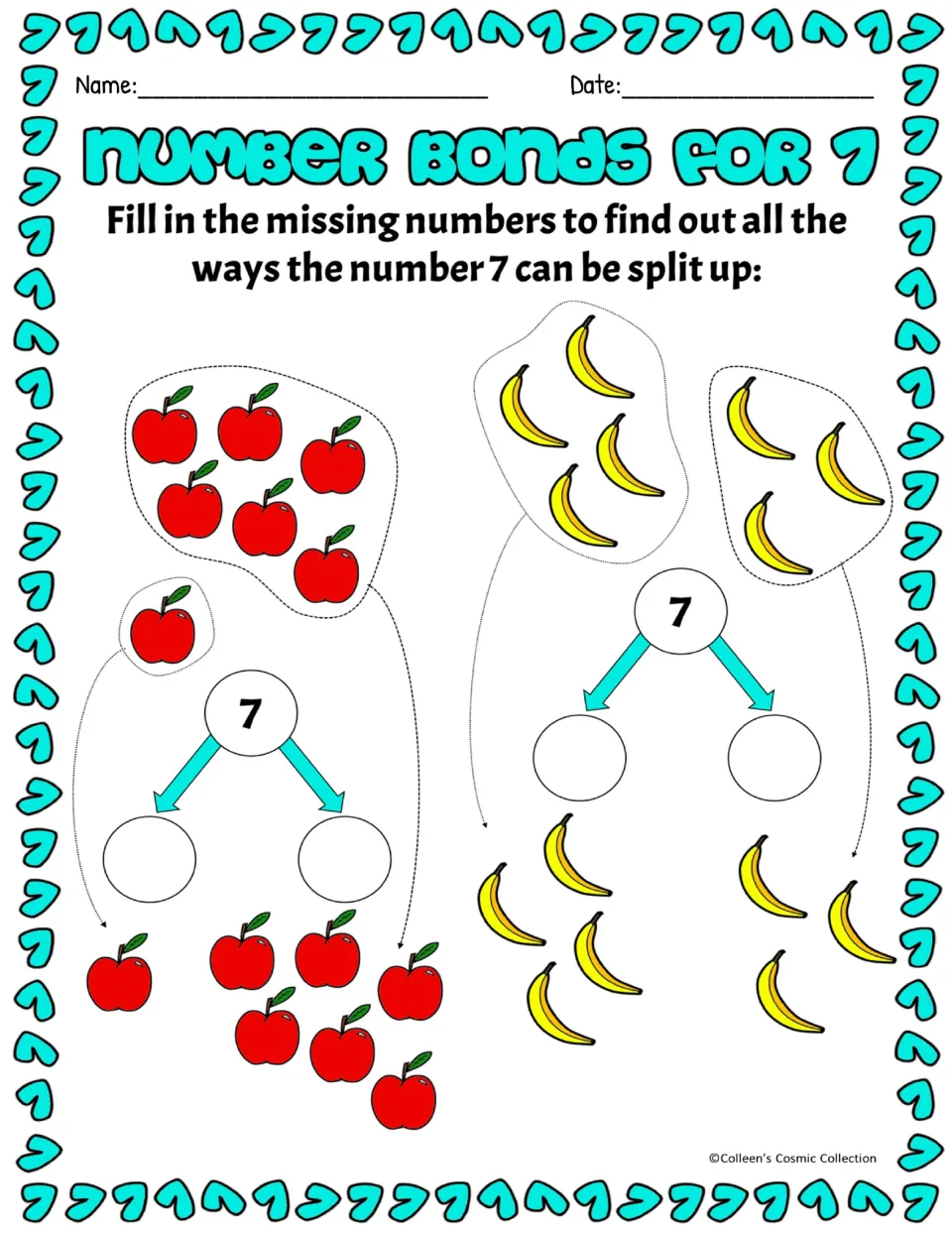 Splitting 7: students count grouped apples and bananas, then write the two missing parts in each of two number bonds