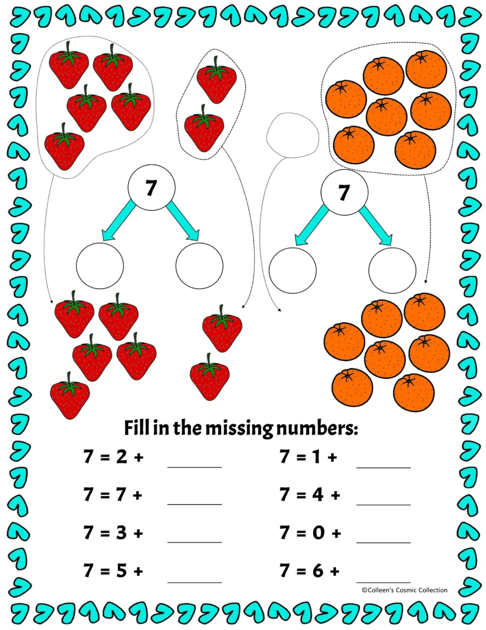 Decomposing 7: students count strawberries and oranges for two bonds, then complete eight sums such as 7 = 2 + __