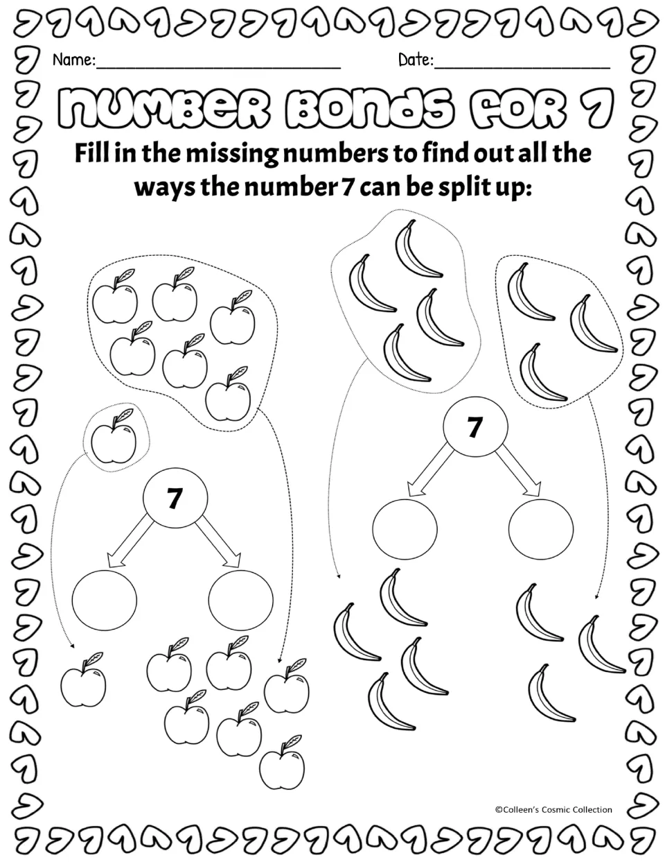 Black-and-white apple and banana number bonds for 7: students count each group and write the two missing parts