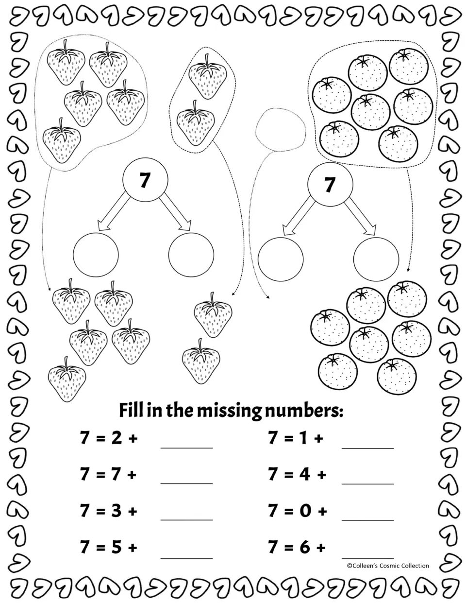 Black-and-white strawberry and orange bonds for 7, plus eight missing-addend sums from 7 = 0 + __ to 7 = 7 + __