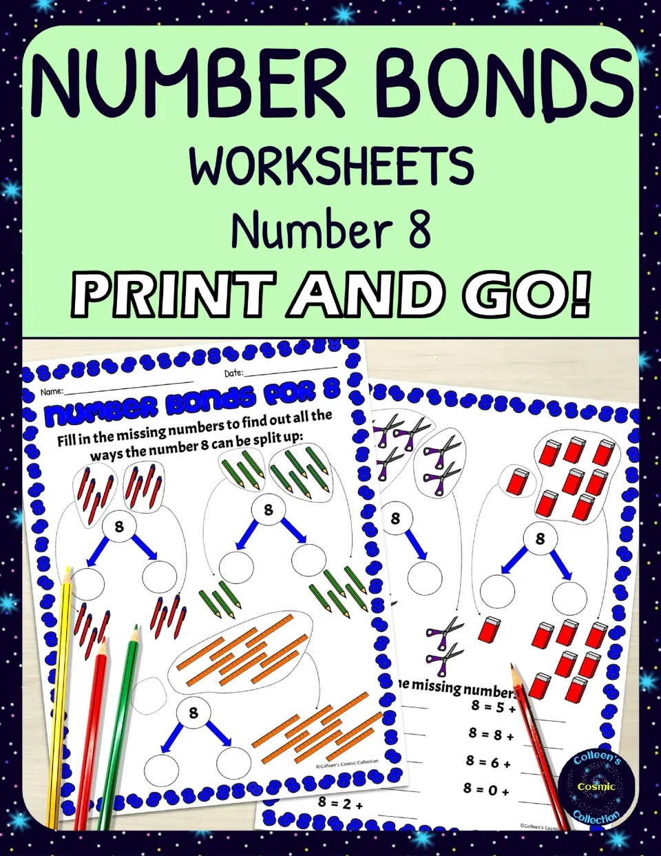 Number bonds worksheets cover for the number 8 showing two sample sheets of picture number bonds and missing-number sums
