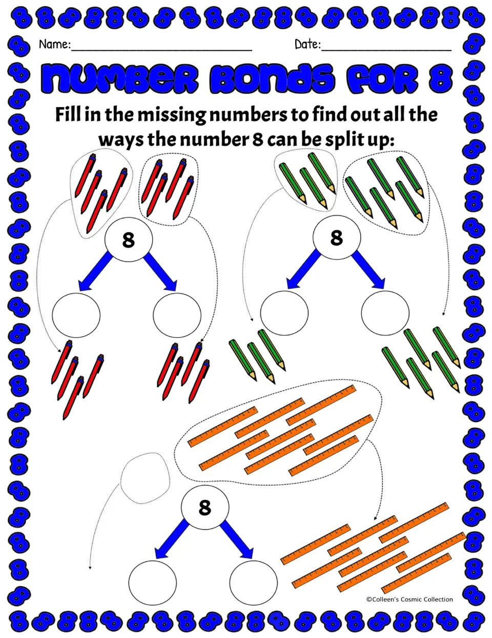 Splitting 8 in color: students count pens, pencils and rulers and write the two parts in three number bonds