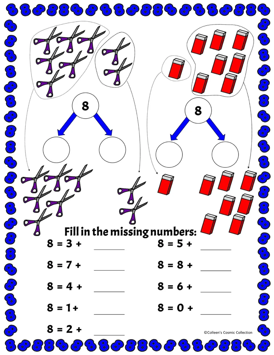 Decomposing 8: students count scissors and erasers for two number bonds, then complete nine sums like 8 = 3 + __