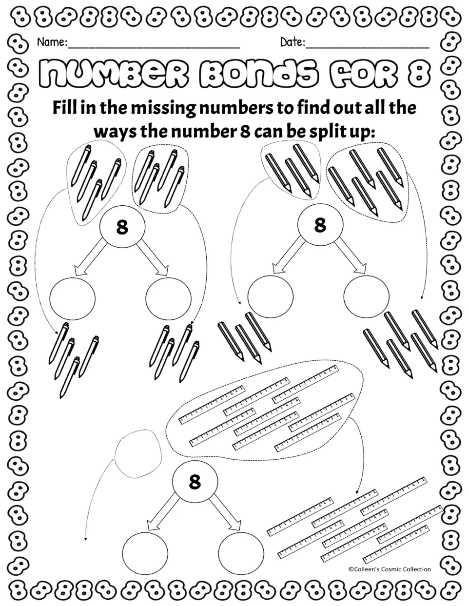 Black-and-white splitting 8: students count pens, pencils and rulers to fill the parts of three number bonds