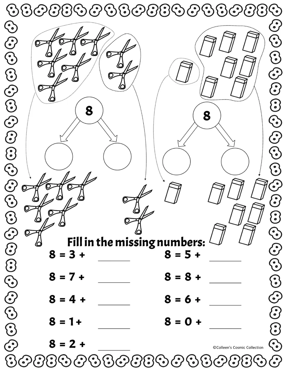 Black-and-white decomposing 8: students count scissors and erasers for two bonds, then fill in nine missing addends