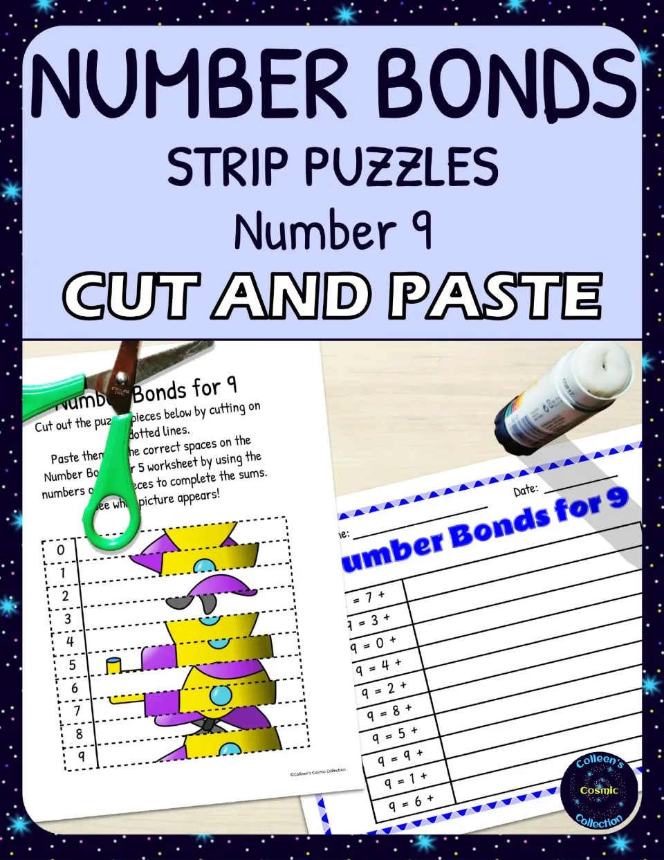 Cover for the number 9 strip puzzle, showing cut-and-paste pieces and the matching number bonds worksheet