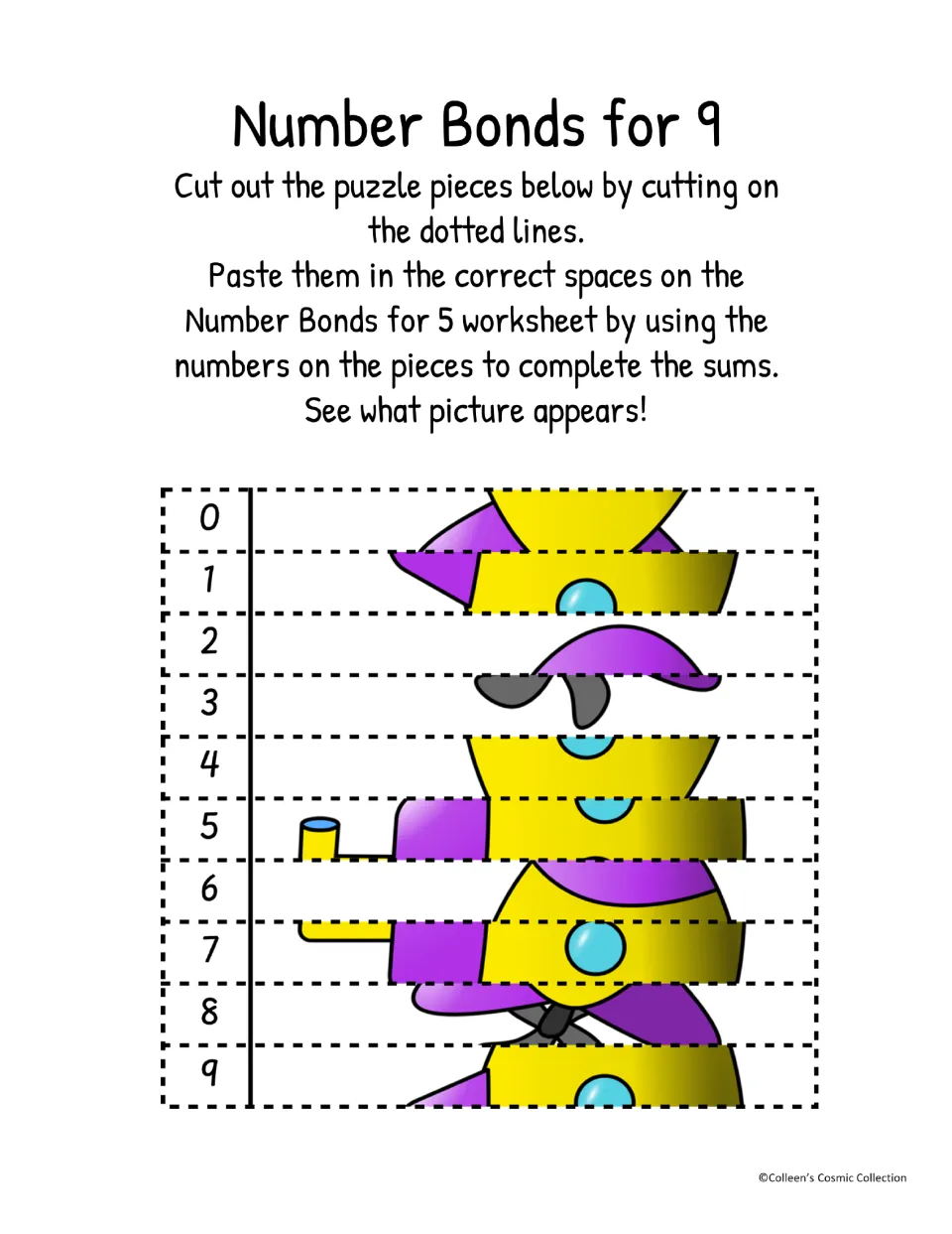 Color puzzle strips numbered 0–9 contain submarine picture segments to match to the number bonds for 9 sums