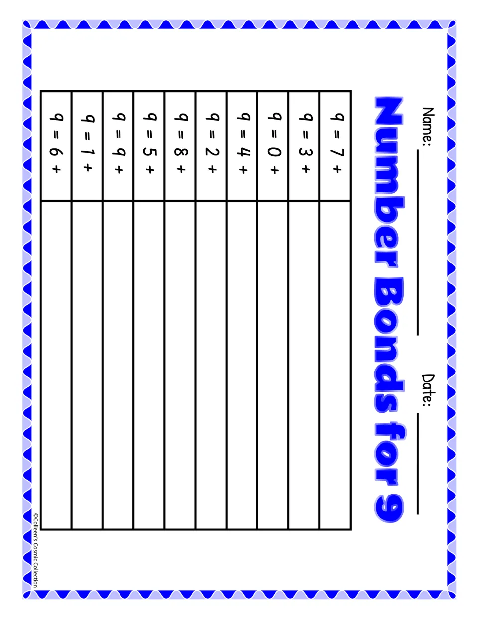 Color number bonds for 9 worksheet has 10 missing-addend sums, including 9 = 7 + and 9 = 3 +, for puzzle strips
