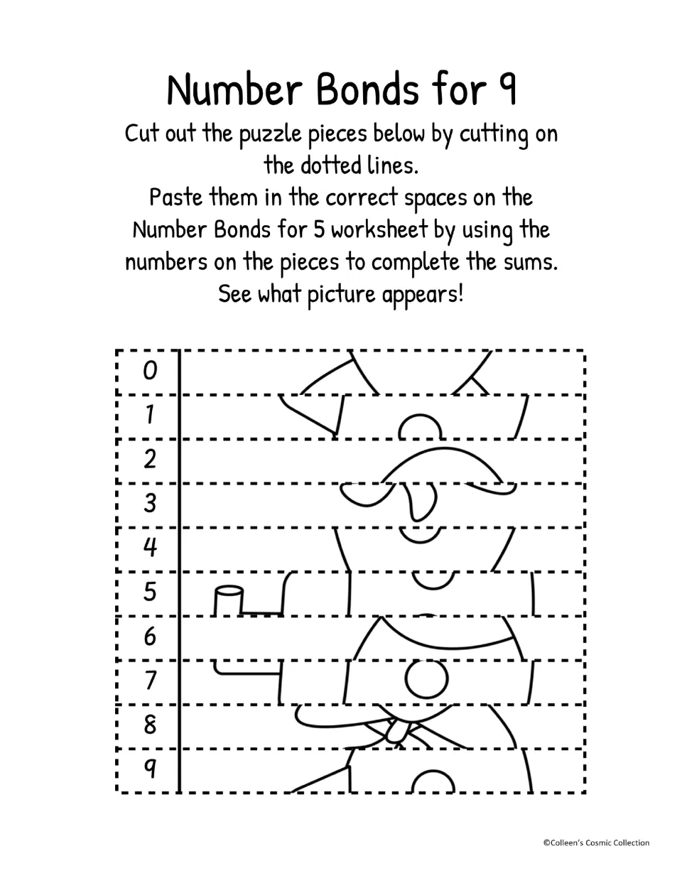 Black-and-white puzzle strips numbered 0–9 show submarine segments for the number bonds for 9 activity
