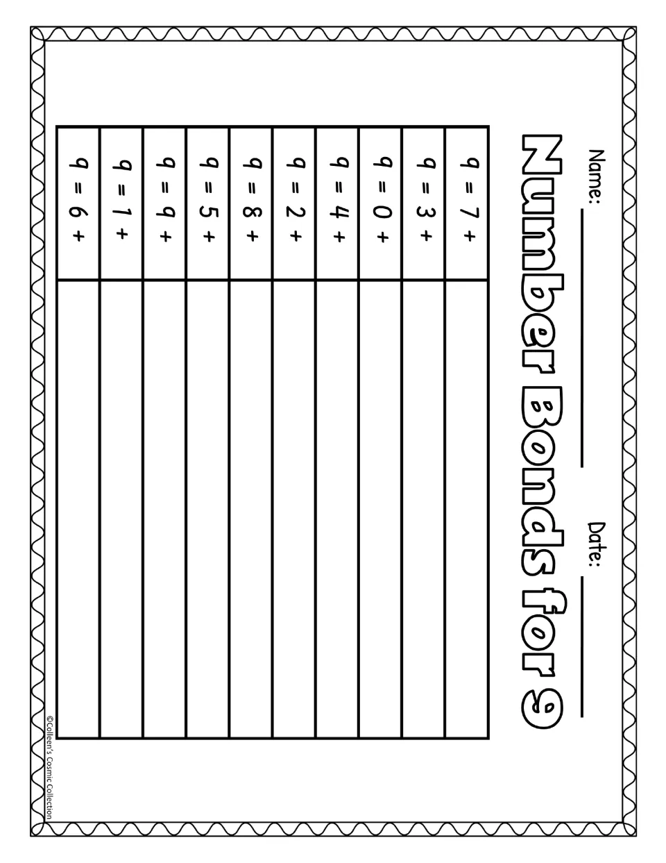 Black-and-white number bonds for 9 worksheet provides 10 missing-addend sums to complete using puzzle strips
