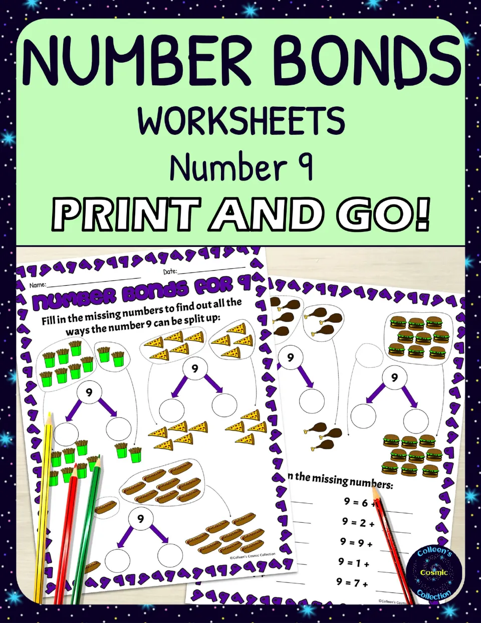 Number bonds cover for the number 9: print-and-go worksheets showing fries, pizza and burger pictures split into two parts