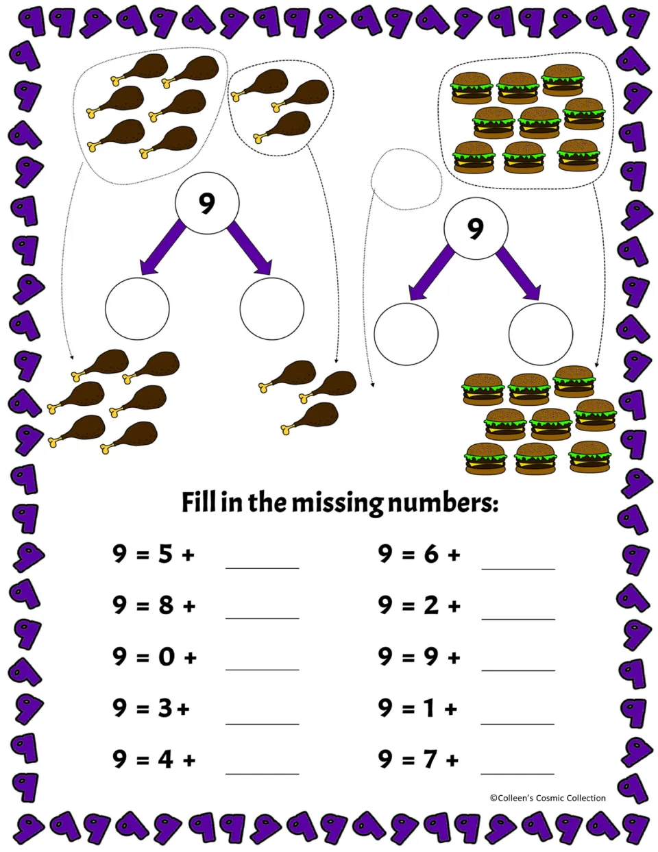 Splitting 9 with chicken legs and burgers, then filling the missing addend in 10 sums such as 9 = 5 + __