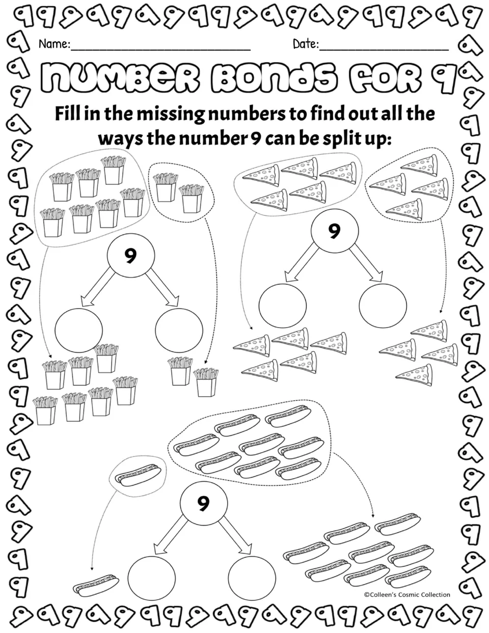 Number bonds for 9, black-and-white: students count fries, pizza and hot dog groups to write both parts that make 9