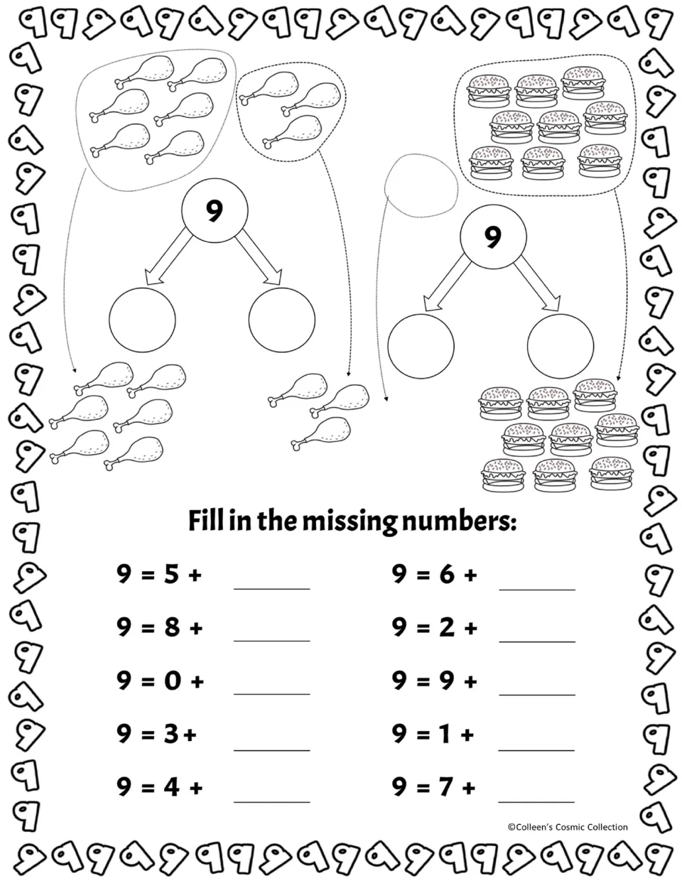 Decomposing 9, black-and-white: chicken leg and burger bonds plus 10 missing-addend sums like 9 = 8 + __ and 9 = 3 + __
