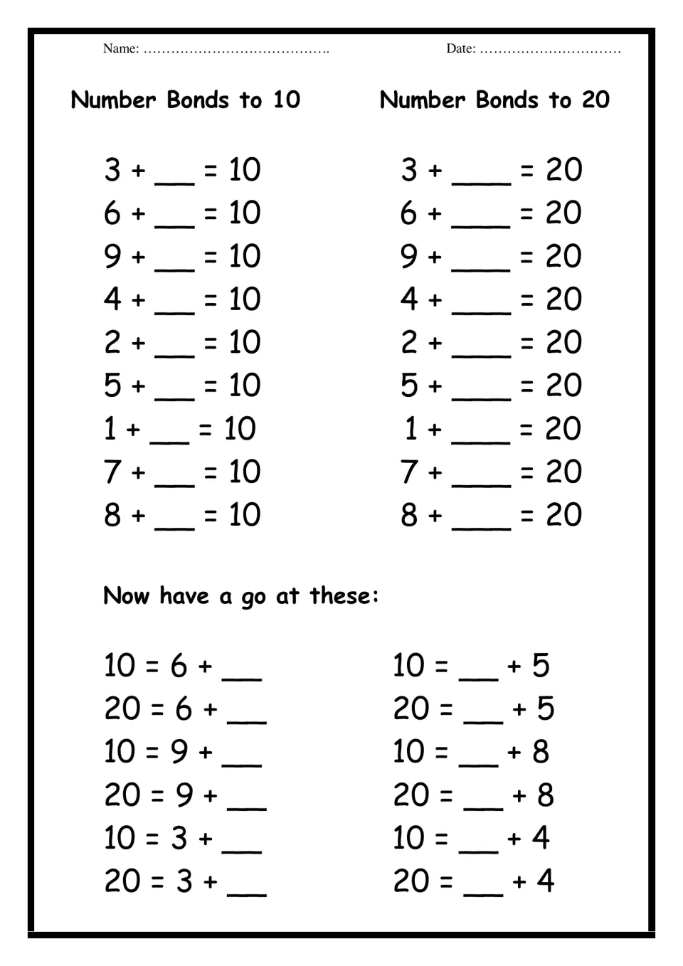 Missing addends to 10 and 20: students complete 18 sums like 3 + __ = 10, then 12 reversed ones like 20 = 6 + __