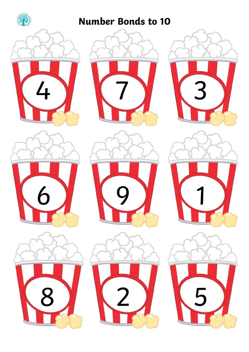 Number bond matching sheet with nine popcorn buckets labeled 4, 7, 3, 6, 9, 1, 8, 2, and 5 for sums of 10.