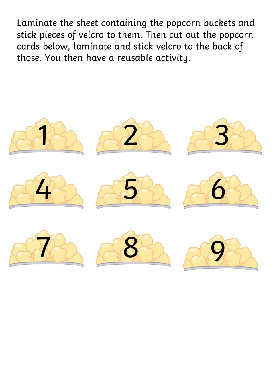 Popcorn number cards 1–9 to match the bucket sheet, with directions for laminating and attaching Velcro.