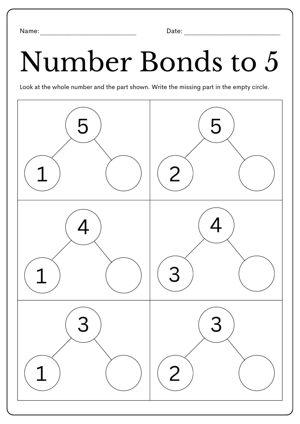 Missing-parts worksheet: six number bonds with wholes of 5, 4, and 3 and one given part of 1, 2, or 3