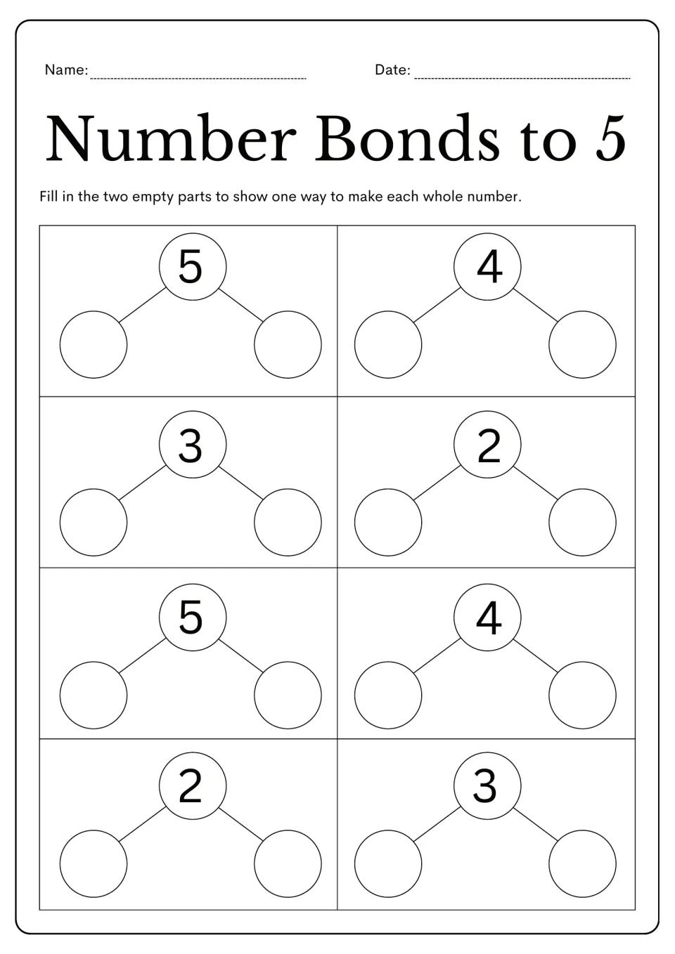 Find-both-parts worksheet: eight number bonds ask students to choose two parts for wholes of 2, 3, 4, and 5