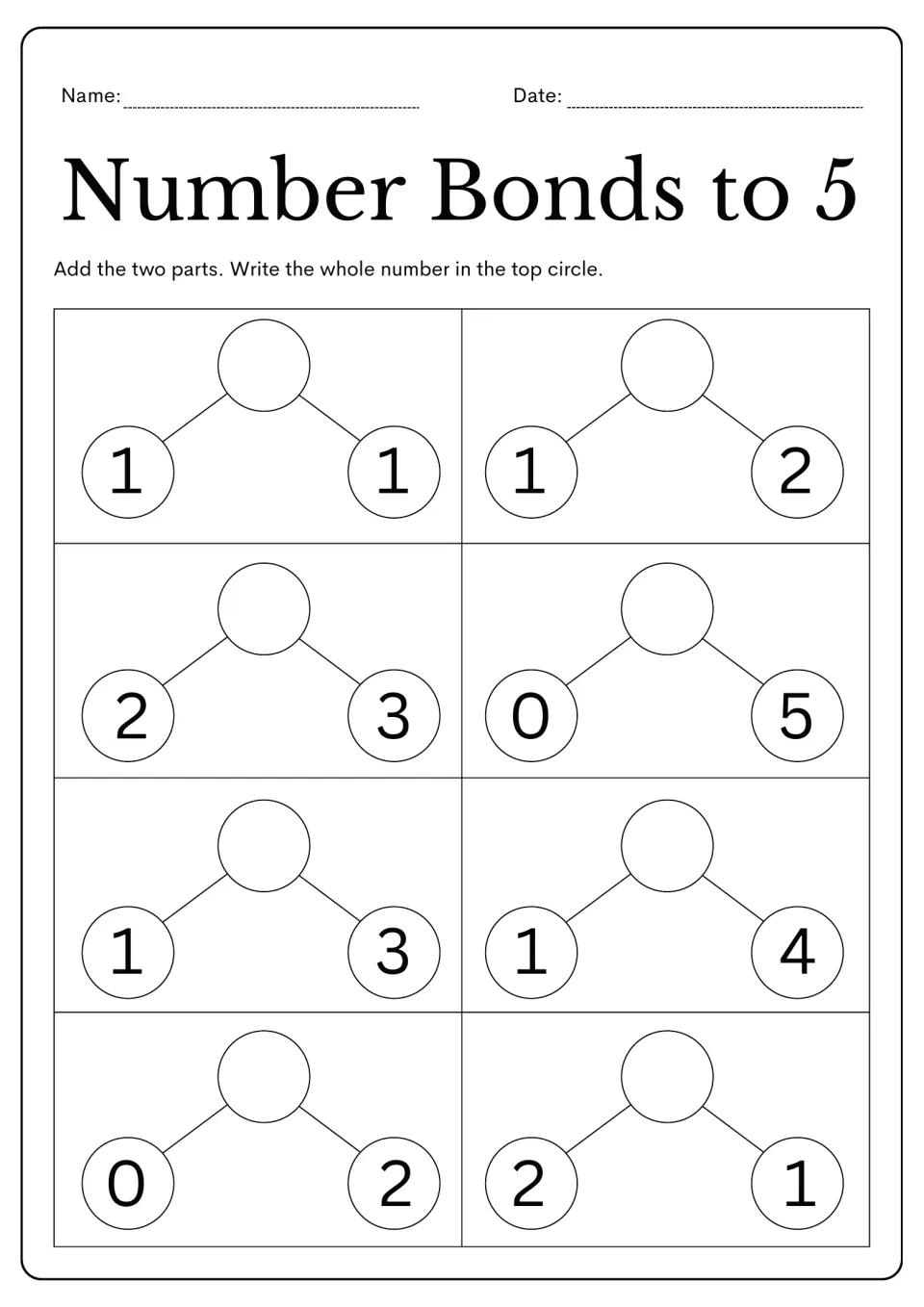 Missing-whole worksheet: eight number bonds include parts 1 and 1, 1 and 2, 2 and 3, and 0 and 5