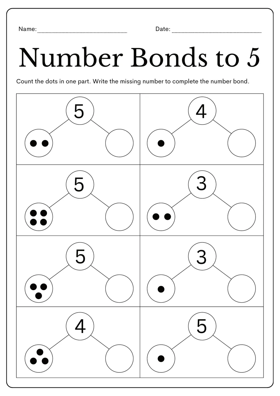 Count-the-dots worksheet: eight number bonds use one to four dots as given parts for wholes of 3, 4, and 5