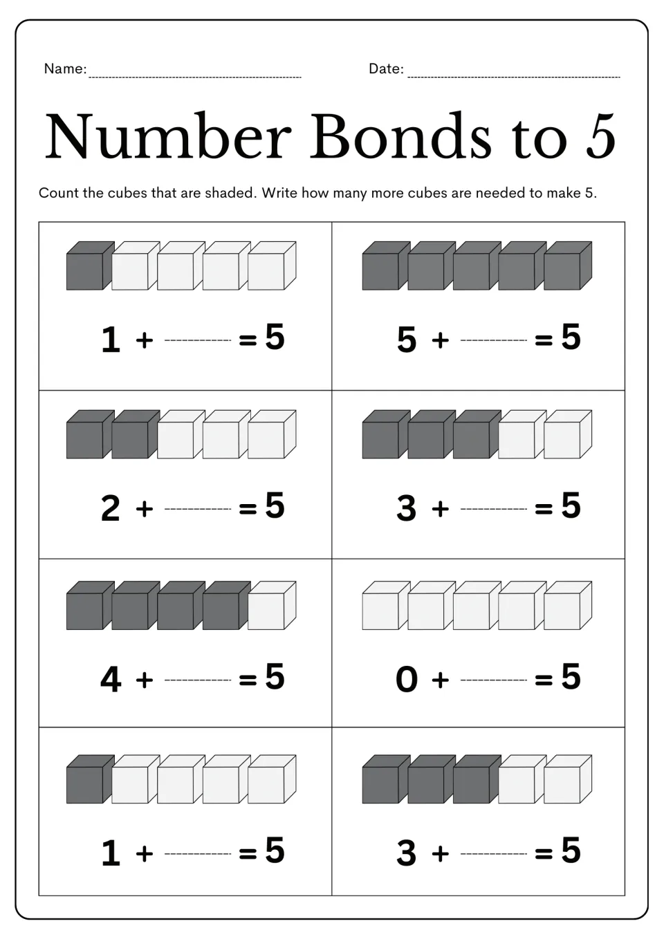 Counting-cubes worksheet: eight addition equations ask how many more cubes make 5, using 0 to 5 shaded cubes