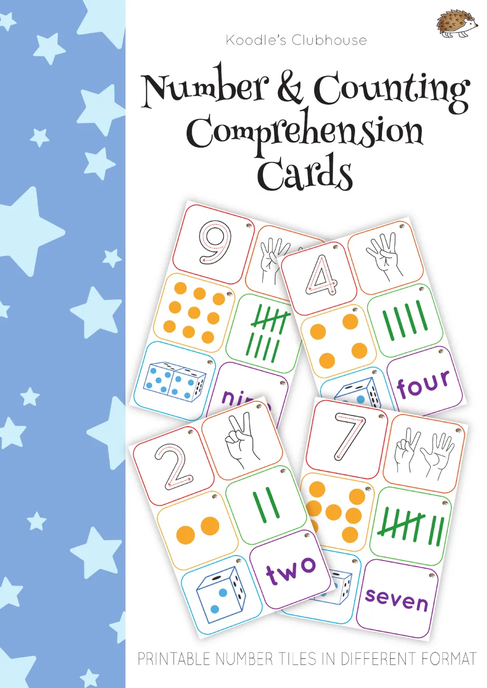 Cover: Number & Counting Comprehension Cards by Koodle's Clubhouse, showing printable number tiles for 2, 4, 7 and 9