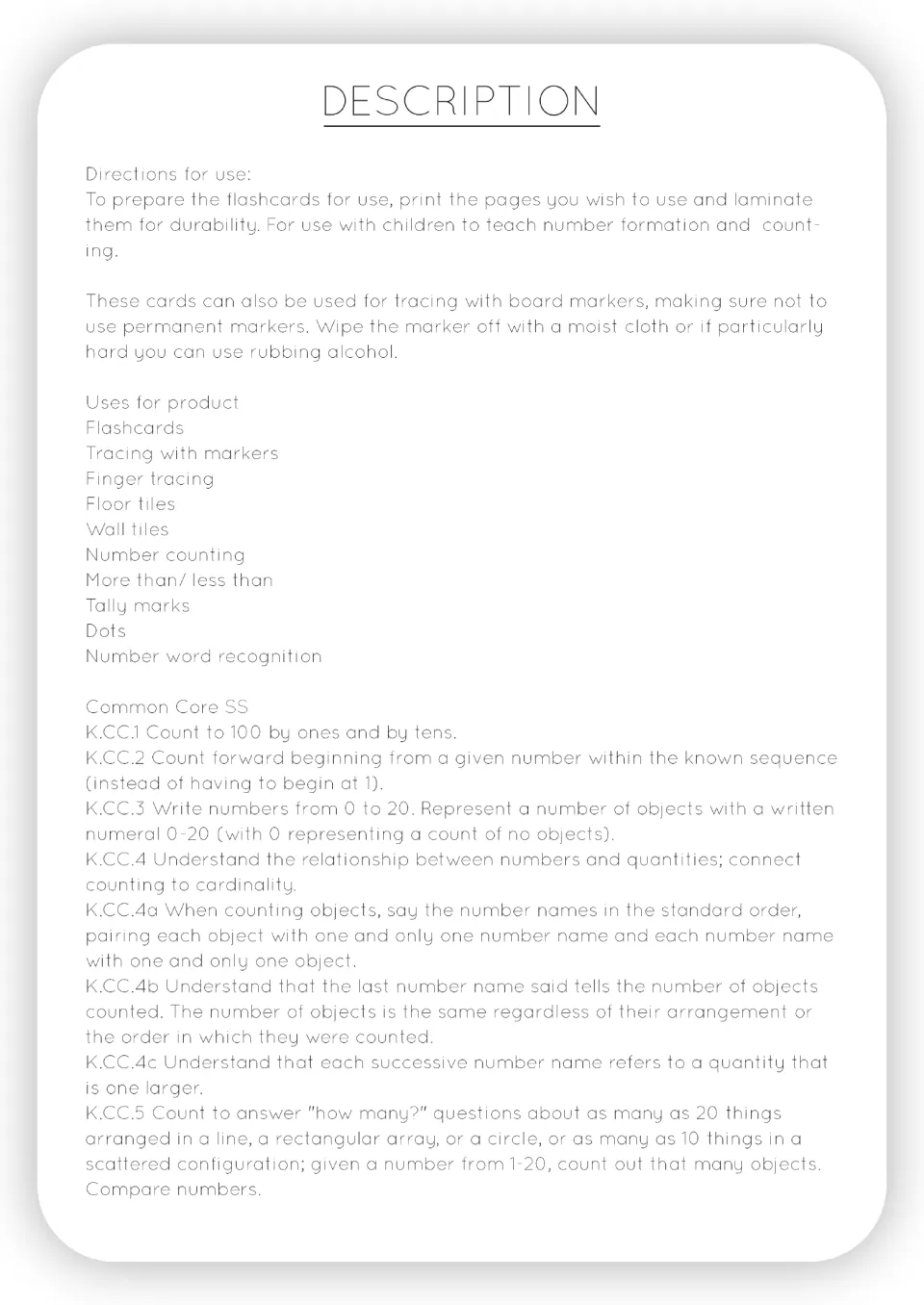 Description: directions to print and laminate the flashcards, a list of uses and the K.CC standards it cites