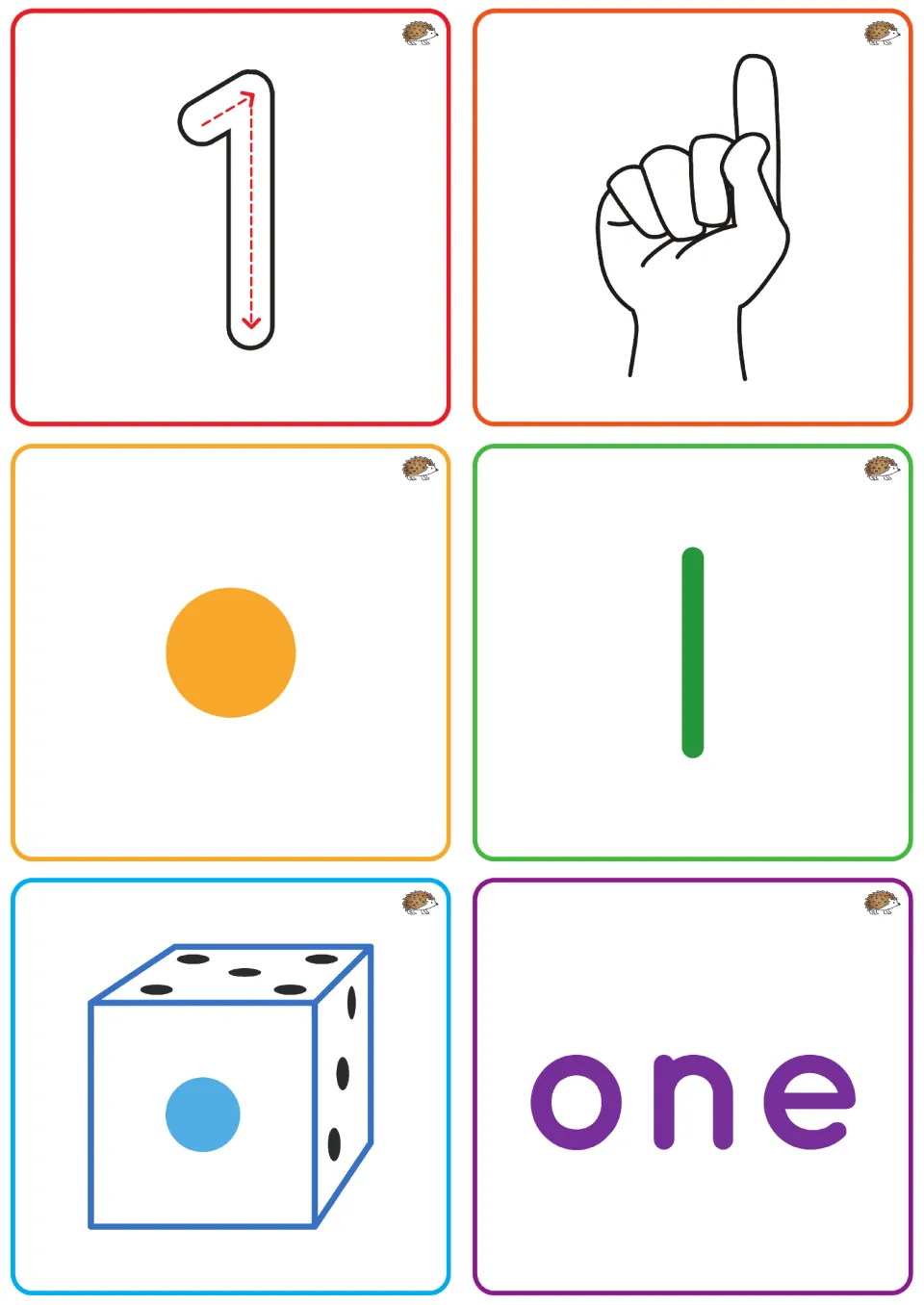 Number 1 tiles: trace the numeral 1 and match it to one finger, one dot, one tally mark, a die and the word one