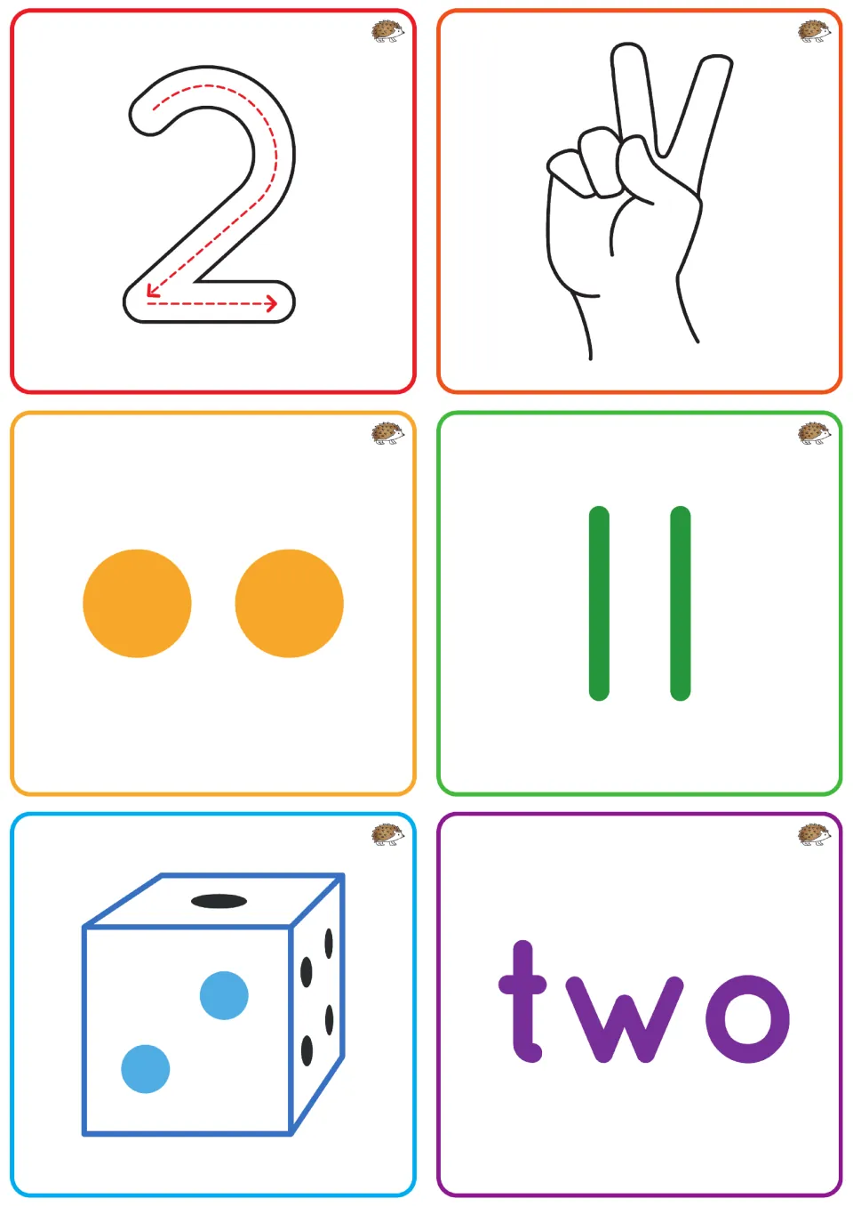 Number 2 tiles: trace the numeral 2, then link it to two fingers, two dots, two tally marks, a die and the word two