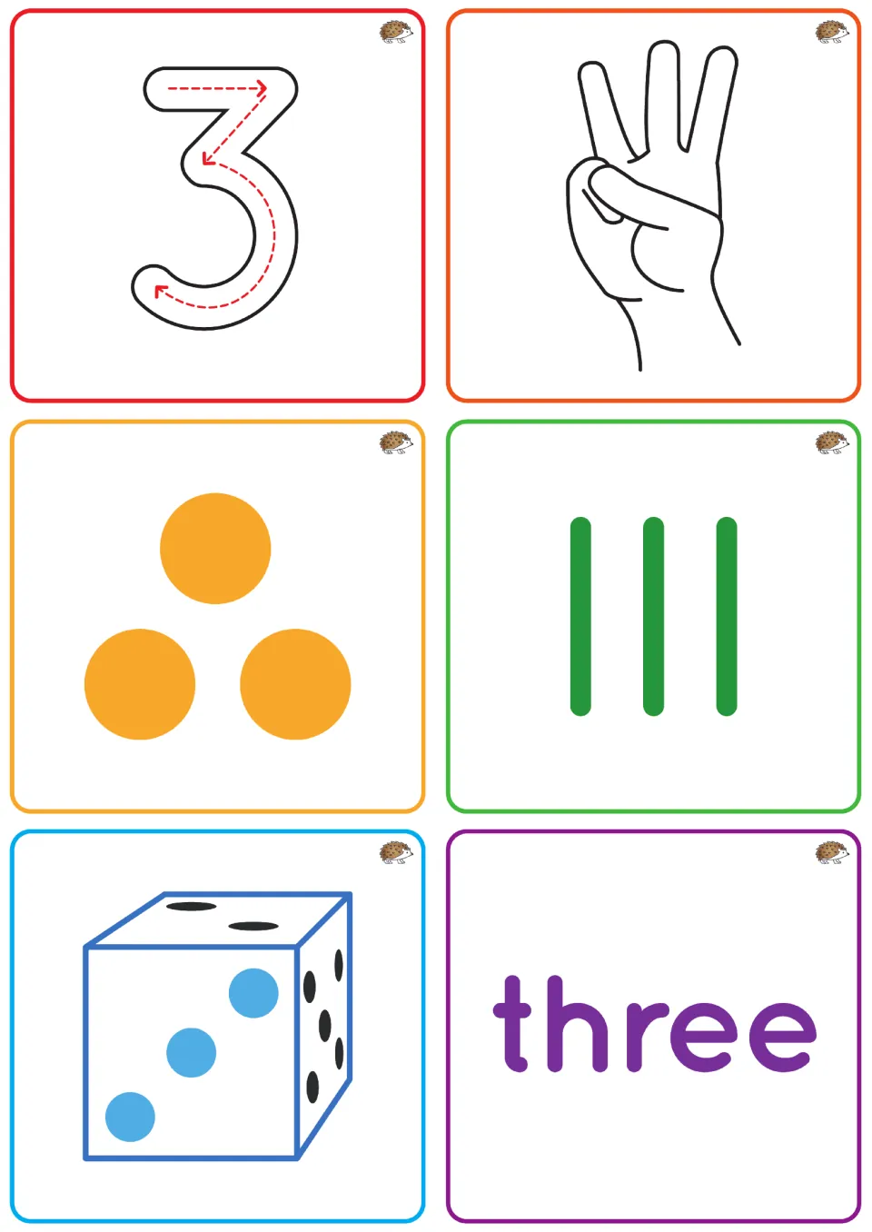 Number 3 tiles: trace the numeral 3 and count three fingers, three dots, three tallies, a die and the word three