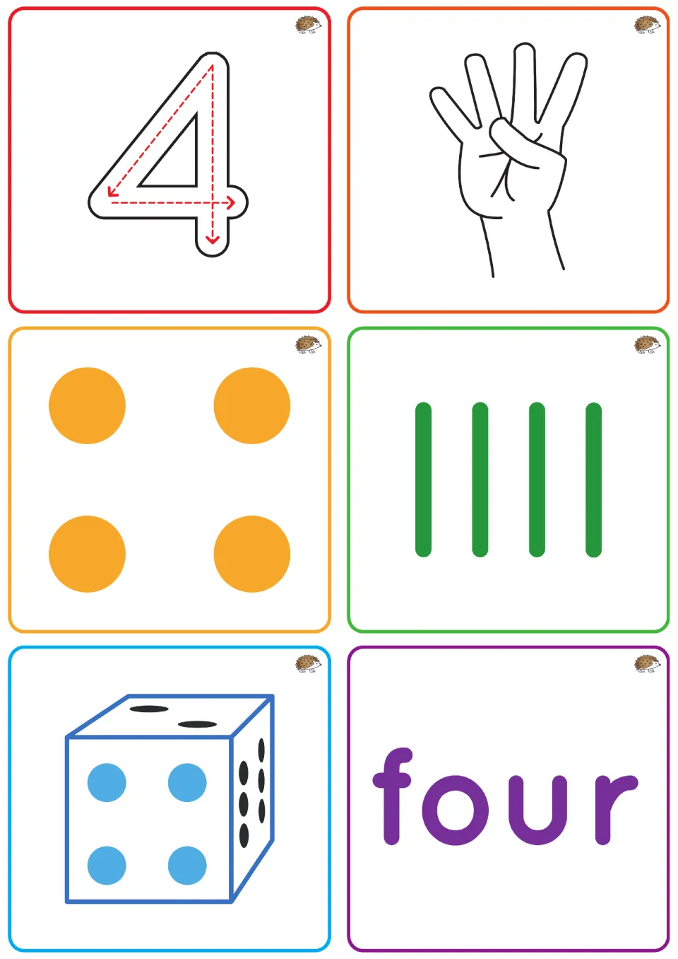 Number 4 tiles: trace 4 and connect it to four fingers, four dots, four tally marks, a die showing four and the word four