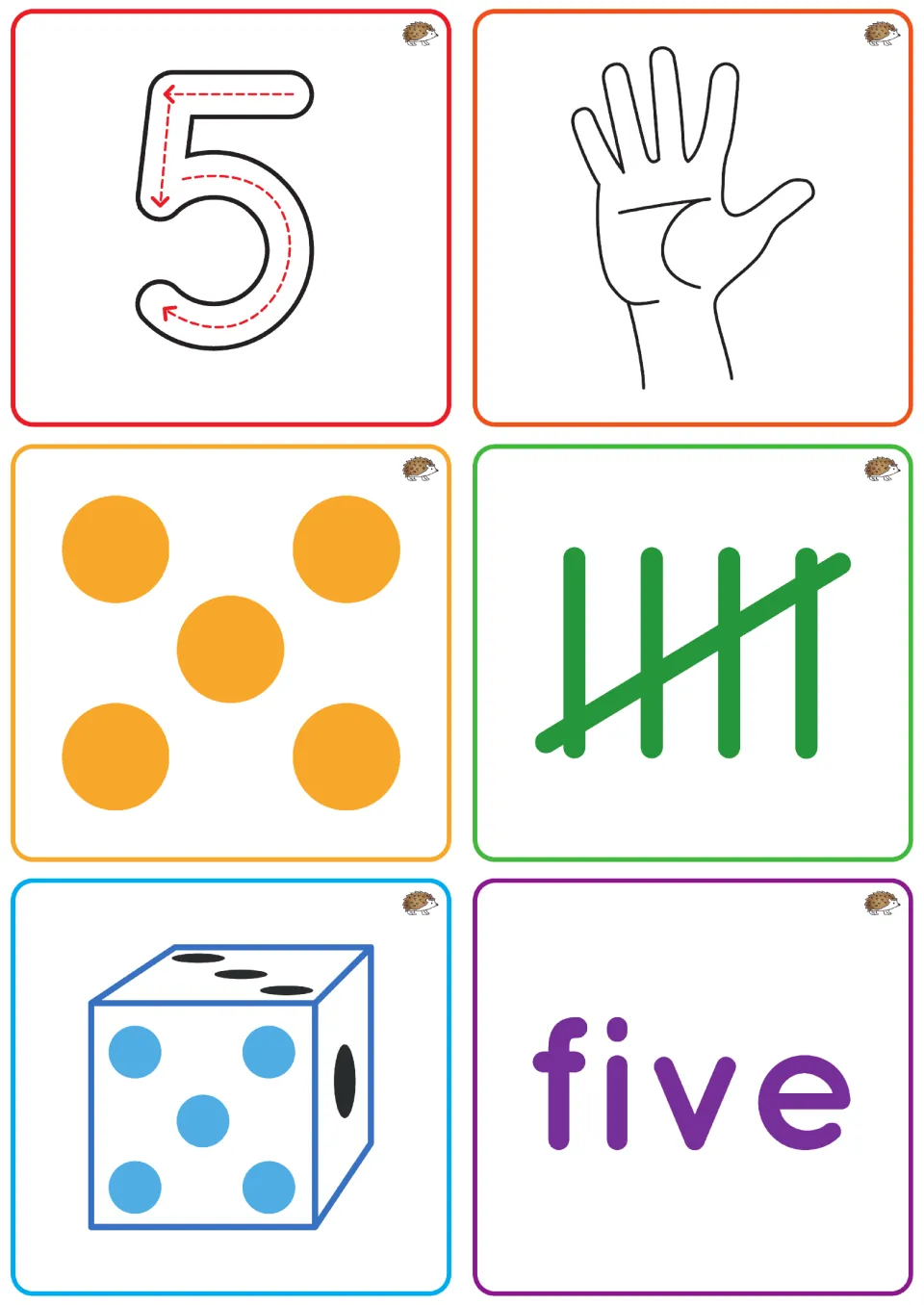 Number 5 tiles: trace 5 and match it to an open hand, five dots, a bundled tally of five, a die and the word five