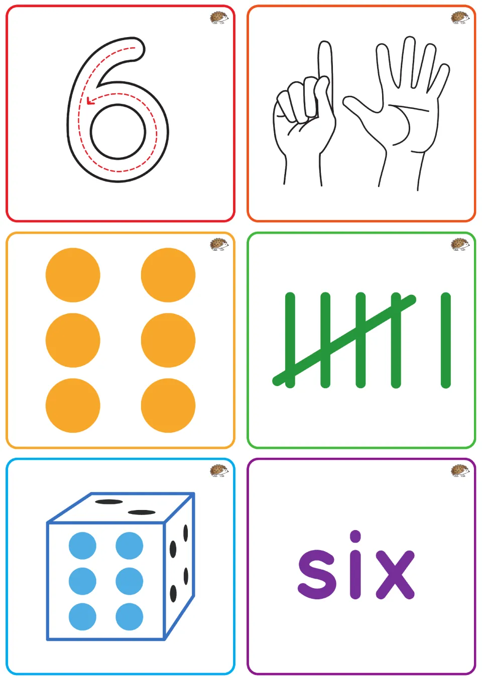 Number 6 tiles: trace 6 and match six fingers on two hands, six dots, a tally of 5 plus 1, a die and the word six