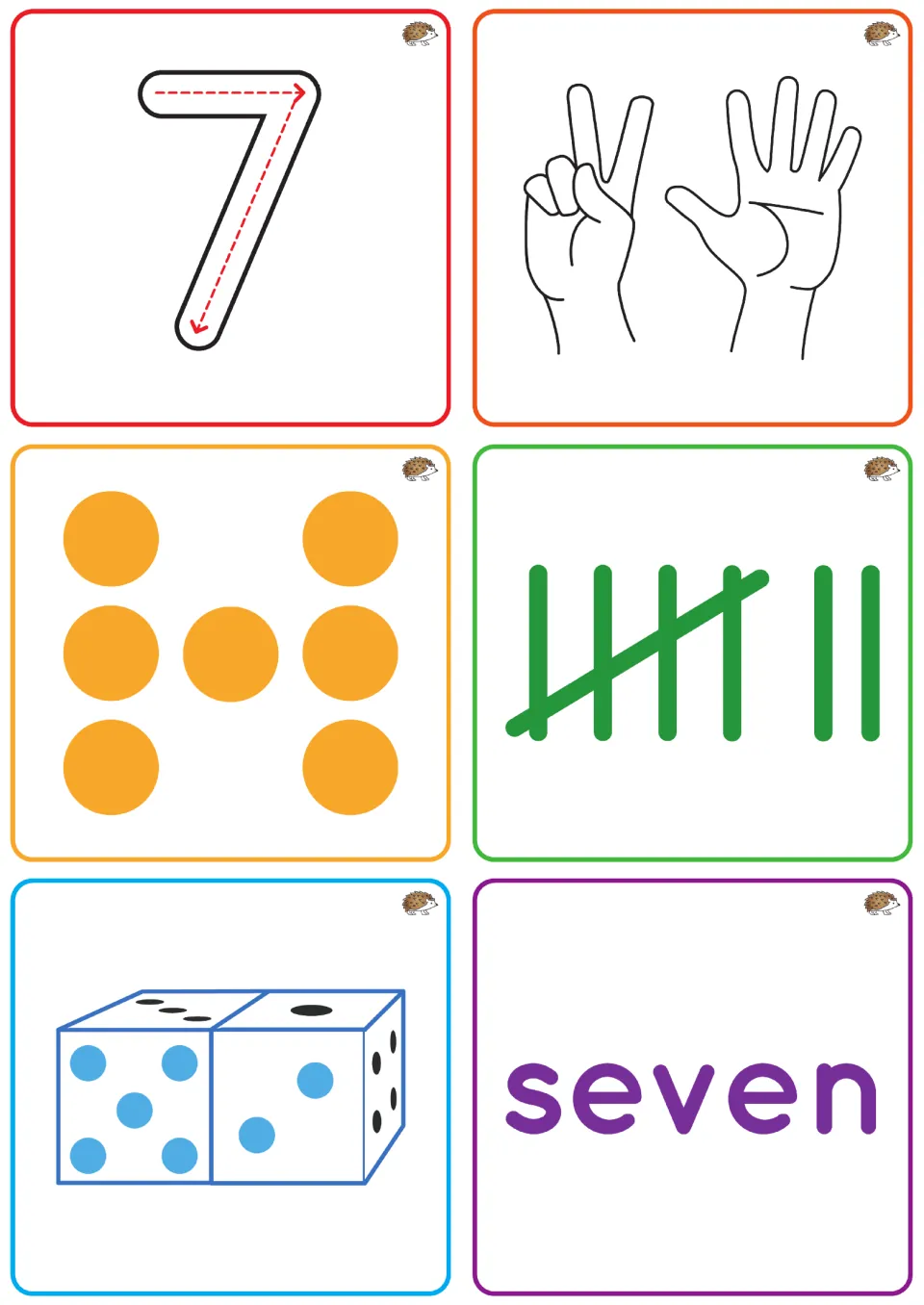 Number 7 tiles: trace 7 and match seven fingers, seven dots, a tally of 5 plus 2, two dice of 5 and 2, and the word seven