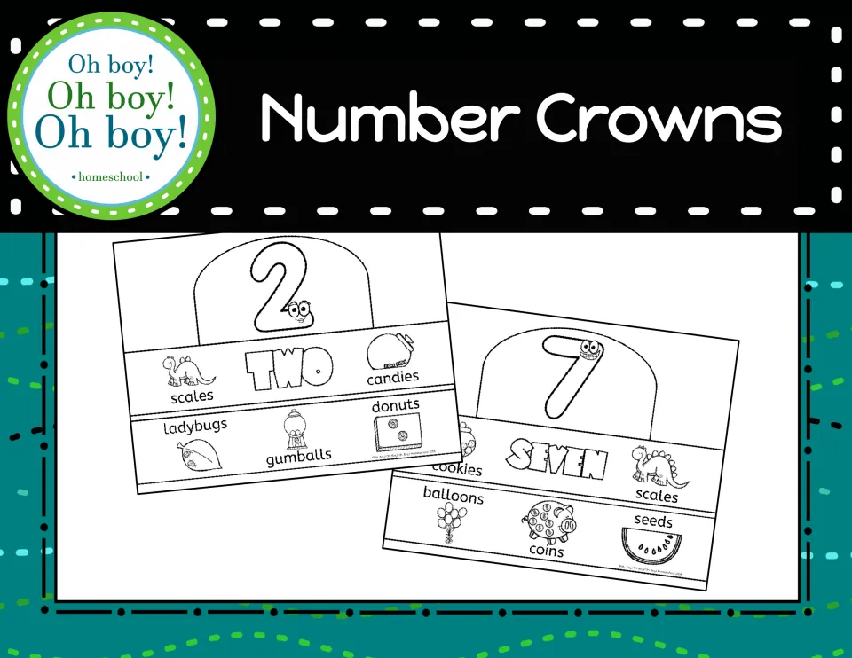 Number Crowns cover showing sample crowns for 2 and 7, each with a numeral, number word and counting pictures