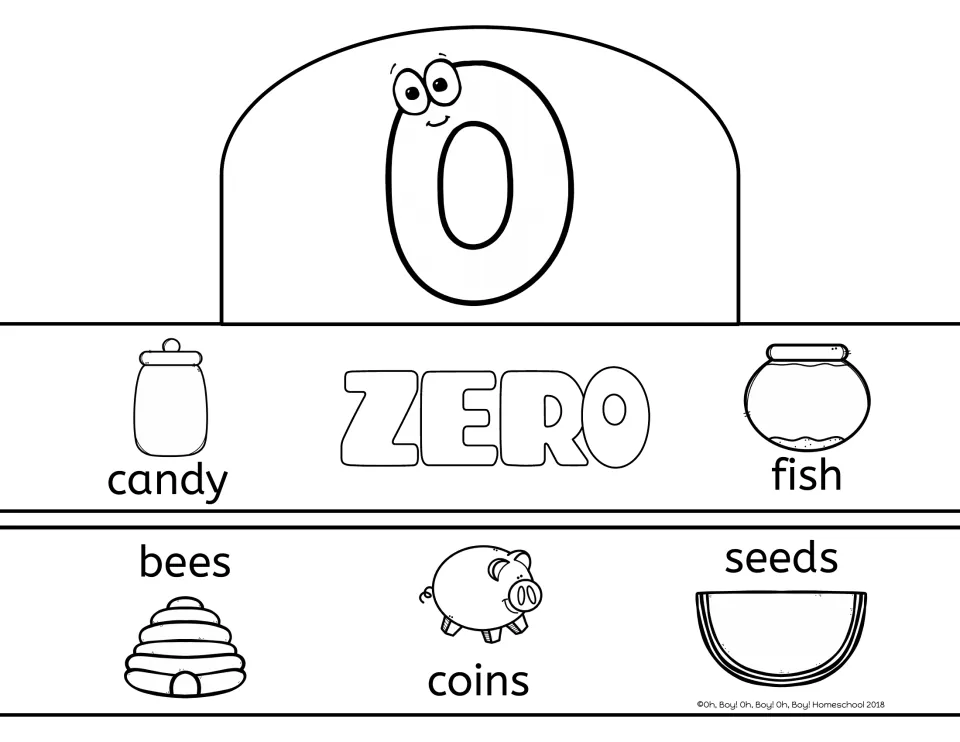 Number 0 crown template: ZERO with empty candy and fish containers, a beehive, a piggy bank and a seedless melon