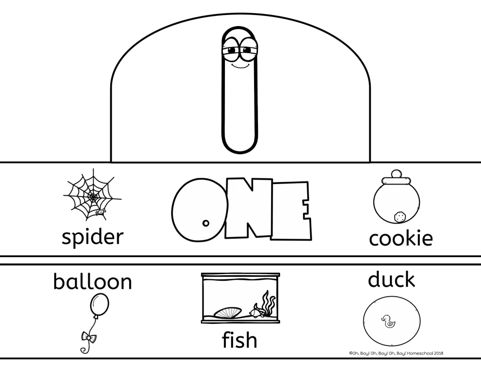 Number 1 crown template: ONE with counting pictures showing one spider, cookie, balloon, fish and duck