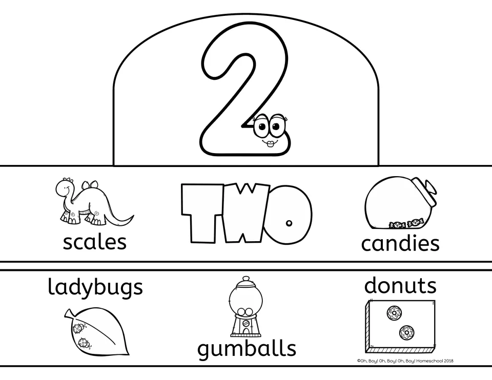 Number 2 crown template: TWO with counting pictures of two scales, candies, ladybugs, gumballs and donuts
